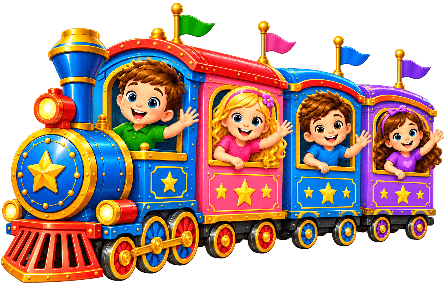 The All Aboard train with Ethan, Gabriella, Juliet, and Alexander waving from the windows